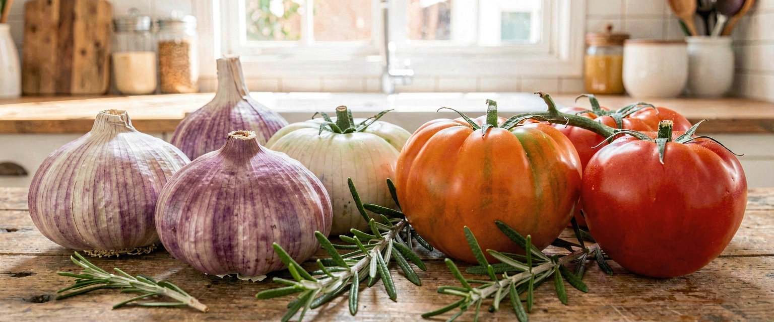 Ingredientes naturales y frescos sobre madera