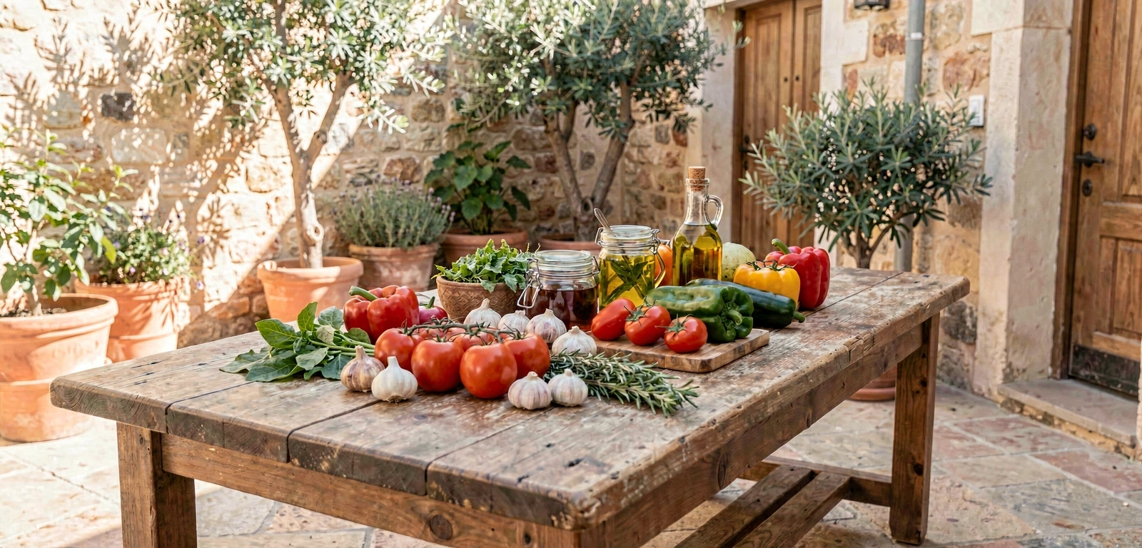 Ingredientes mediterráneos en una mesa rústica